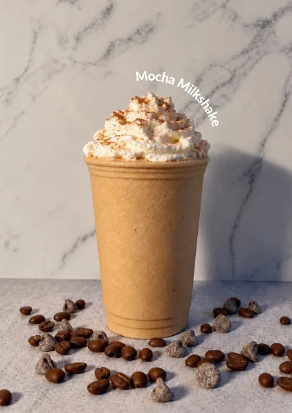 A mocha milkshake in a kraft cup with whipped cream, surrounded by coffee beans